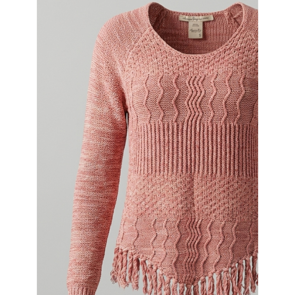 American Rag Boho Fringe Textured Knit Long Sleeve Sweater Rose Pink Small